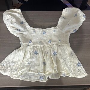 Altar'd State Cream Puff-Sleeve Peplum Top with Blue Floral Embroidery